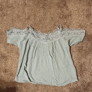 Gypsies & Moondust Off-Shoulder Lace Trim Blouse - Light Green